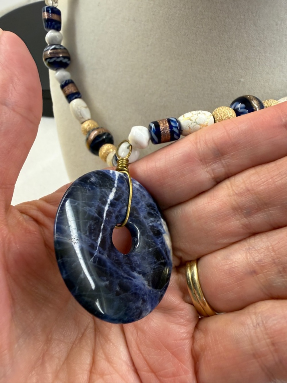 Sodalite Pi Stone Necklace with Lampwork Glass Beads - Picture 6 of 6